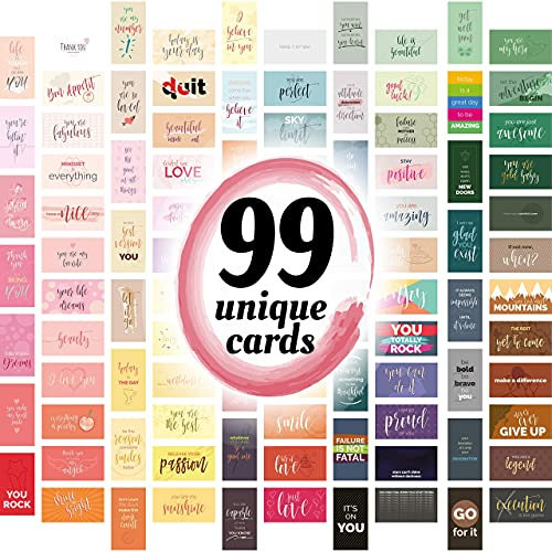 99 st unika motiverande kort (2 tum x 3,5 tum) inspirerande kort, uppmuntran kort, tacksamhetskort, uppskattningskort, vänskapskort, mini tackkort, små anteckningskort för visionstavla.