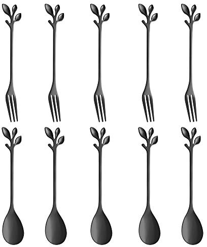 AnSaw Mini-Löffel und Gabeln, 11,9 cm, Blattgriff, Schwarz, 10-teilig | Edelstahl, ideal für Kaffee, Tee, Dessert, Vorspeisen, Verkostungen, Partys, Charcuterie und Cocktails