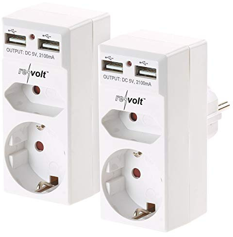 revolt 2er-Set 2-fach-Steckdosen und 2-fach-USB-Netzteile, 2,1 Ampere