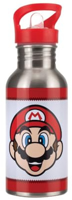 Super Mario Metall-Trinkflasche mit Strohhalm - Offiziell lizenziertes Nintendo Edelstahl-Getränkflasche, Geschenk für Retro-Gamer, 450 ml (16 Fl Oz)