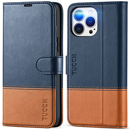 TUCCH Hülle für iPhone 13 Pro Max (6,7), Blau-Braun | RFID-Blocker, TPU, Kartenfächer, Ständer, Handyhülle mit Magnet, Stoßfeste Klapphülle, Cover, Handytasche