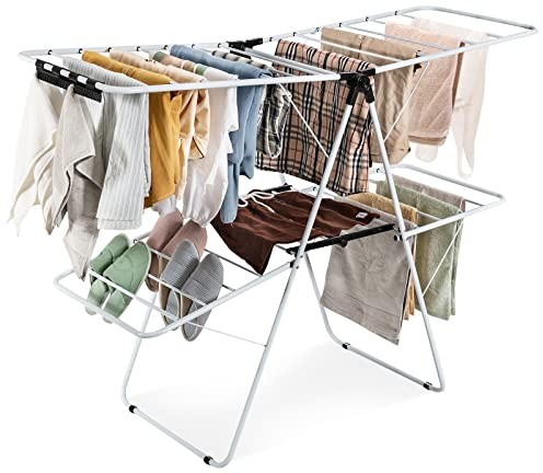 S AFSTAR 2-Layer Clothes Drying Rack, Folding Laundry Drying Rack w/Height-Adjustable Gullwing, 33 Rails & 26 Clips, Collapsible Laundry Hanger, Indoor/Outdoor Portable Dryer for Clothes Shoes Towels