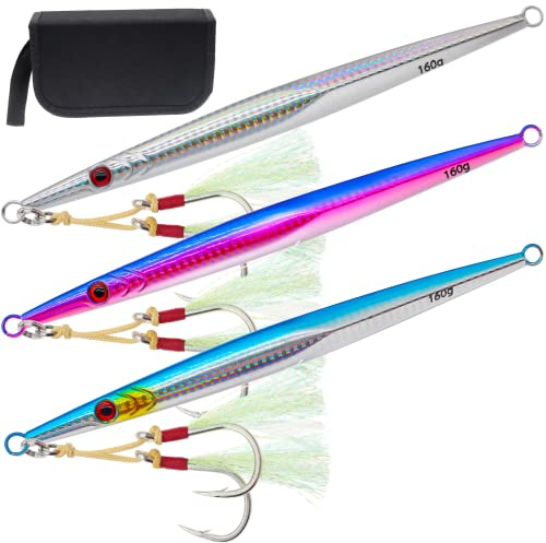 Gefischtter 3pcs Saltwater Vertical Fishing Jigs Metal Jigging Spoon Speed Fast Deep Sea Jigging Fishing Lures Luminous Lead Jigs with Assist Hooks for Tuna,Bass,Dogtooth,Grouper/4.58oz/5.29oz/5.64oz