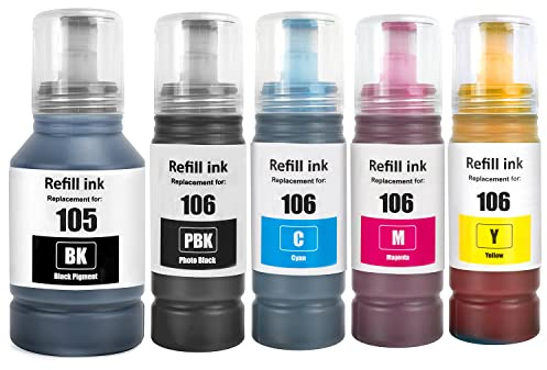SHUOLEI 105 106 Tinte Kompatibel mit Epson 105 106 Tintenpatronen Nachfülltinte Multipack für EP L-7160 L-7180 ET-7700 ET-7750 (5-Pack, 2 Schwarze Cyan Magenta Gelb)