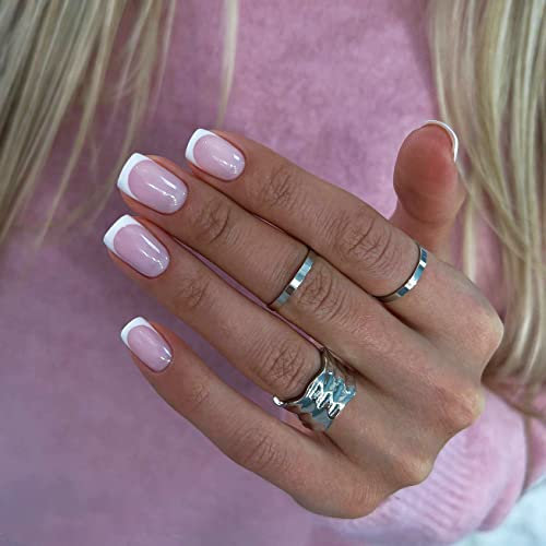 MouYouGlow Press on Nails Kurz,Square Rose Nude Pink Fake Nails Full Cover Kunstnägel mit Nagelkleber,Eckig White French Weiß Tip Acryl Künstliche Fingernägel für Frauen & Mädchen