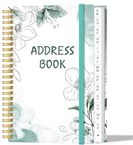 Address Book with Alphabetical Tabs - Small Address Book Spiral with Address Contacts, Special Date, Phone, Birthday & Internet Login Password for Home and Office, 4.3 x 6.2, Teal Flowers