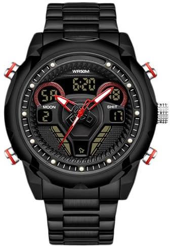 RORIOS Digital Analog Quarz Uhren für Herren 50M wasserdichte Armbanduhr Männer Stoppuhr Multifunktional Edelstahl Uhr Casual Herrenuhren Militär Elektronische Uhr Schwarz A