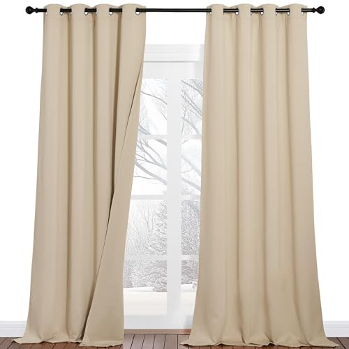 PONY DANCE Tende Fonoassorbenti con Anelli Beige per Salotto - Termiche Isolanti per Interni, Oscuranti a Tre Strati per Camera da Letto, 2 Pezzi 132x260 CM
