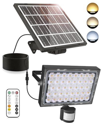 CLY Solarlampen Für Außen Mit Bewegungsmelder 30W 2600LM Solarleuchten | Mit Fernbedienung 6 Modi Solar Aussenleuchte 2500K-6500K 5000mAh Solar Strahler IP66 Wasserdicht 5M Kabel Für Garage Garten