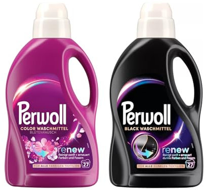 PERWOLL Flüssig-Set 2x 27 Waschladungen (54WL) Black & Color Blütenrausch, Feinwaschmittel-Set reinigt sanft und erneuert Farben und Fasern, Waschmittel mit Dreifach-Renew-Technologie