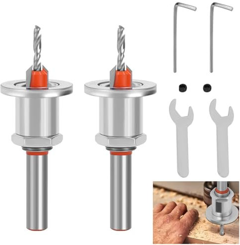 Punta Svasata a Profondità Regolabile, Svasatore con Arresto di Profondità Regolabile, 2 pezzi, Svasatura da 8 mm con Arresto di Profondità, con Chiave Esagonale e viti, Per La Lavorazione del Legno