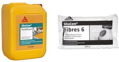 SikaCem Fluidifiant, Superplastifiant pour mortiers et béton, réducteur d'eau, haute durabilité, idéal plancher chauffant, 5L & Fibre Synthétique pour Enduits et Mortiers, Blanc, 600 g