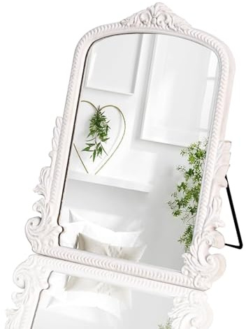 HSDDHOME Kleiner weißer gewölbter Kosmetikspiegel, Vintage-Make-up-Spiegel, Barock-Stil, Arendahl, geschnitzter Spiegel mit Rahmen, für Schreibtisch, dekorativer Tisch, ästhetisch für Kommode