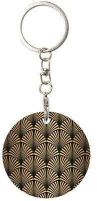 XDVPALNE Art Deco Muster Nahtlose Schwarz-Gold, Runder Metall-Schlüsselanhänger, Metall-Schlüsselanhänger, Schlüsselanhänger, Ringhalter, Organizer, 1 Stk