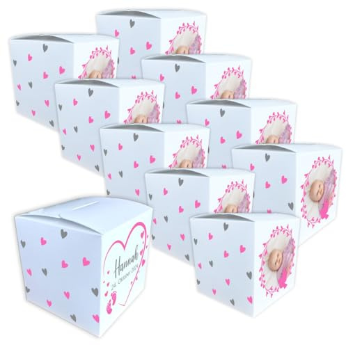 Personalisierte Papierschachteln aus Karton mit Wunschtext, Wunschname und Foto – Dekorations- & Präsentationsartikel, nicht lebensmitteltauglich (Set mit 8 Stück) - Rosa Herz