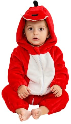 YloveM Baby dinosauriekostym unisex nyfödda vinter sparkdräkt dragkedja overall flanell småbarn flicka pojkar djur onesie, A- röd, 24-30 Monate