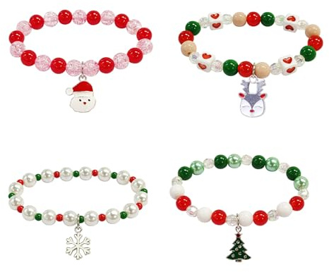 Girls Bracelets Set - 4Pcs Christmas Crystal Beads Bracelet with Christmas Theme Charm, Kids Bracelet Beaded Friendship Bracelets Party Bag Fillers for Kids Party