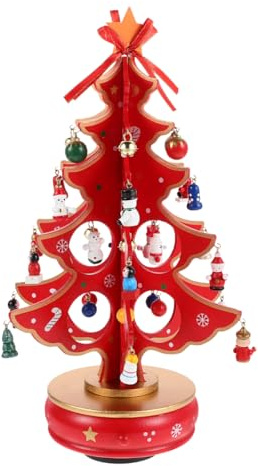 Cabilock Christmas Tree Classic Music Box Wooden Clockwork Design Christmas Tree With Snowman Pendants Miniature Handmade Melody Box Ornaments For Holiday Festival, Red