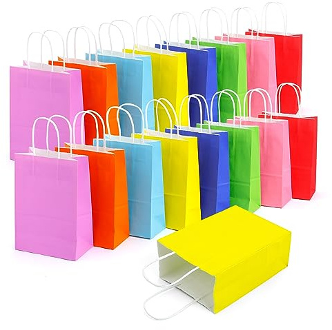 Bunt Klein Papiertüten Mit Henkel,16PCS 8 Farben Papiertragetasche,Geschenktaschen Zum Verpacken Einkaufen Geburtstag Partys Hochzeit Weihnachten Geschenken,Taschen Mehrfachverwendung,Geschenktüten