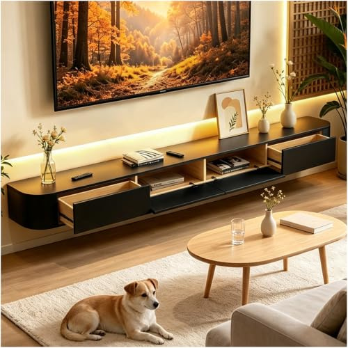 OMGMTSTORE Schwarz TV-Schrank,Fernsehtisch Hängend mit 2 Schublade,1 Türen,180 cm lang,Modern TV Lowboard für Fernseher bis zu 75 Zoll,Hängeboard Schwebend,TV Board hängend,für Wohnzimmer,Schlafzimmer
