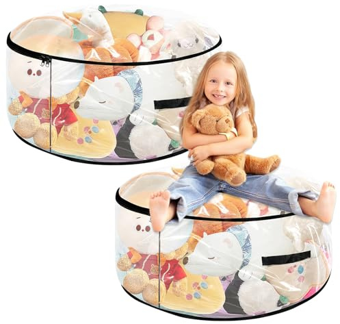 2 x Round Filled Animal Storage Bean Bag Chair Covers, Round Storage Bags with and Instructions Bag Waterproof with Zip, Cuddly Toy Storage