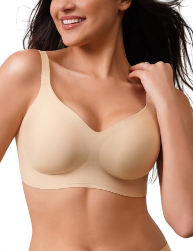 CLOSEMATE Bras for Women V Neck Comfort T-Shirt Bralette for Women Wireless No Underwire with Extra Bra Extender 32 34 36 38 40 42(Nude, Size M)