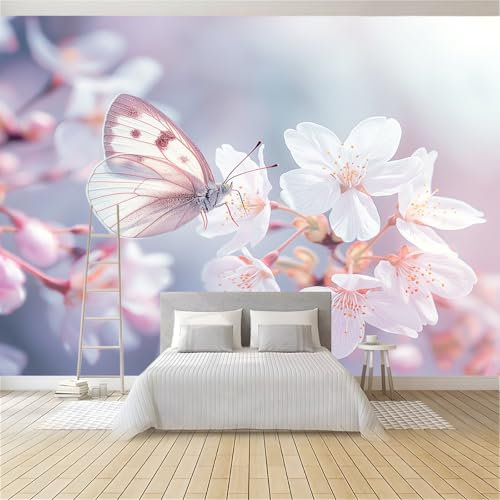 Fototapete 300 x 210 cm Benutzerdefinierte Größe Wandbilder Eleganz Kirschblüten Schmetterling Vliestapete Wandkunst Wandposter Schlafzimmer Wohnzimmer Büro Flur Restaurant Cafe Dekoration Weiß Rosa
