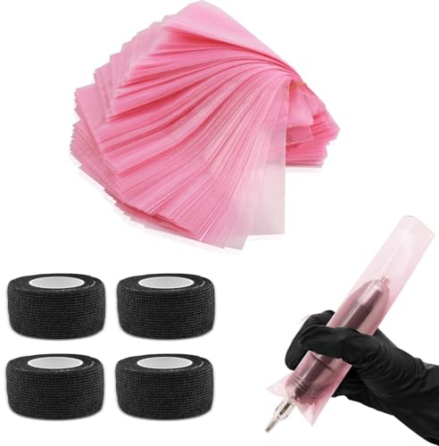 VireEyU Tattoo-Zubehörset mit 204 Teilen, Enthält 4 Schwarze Griffbandagen und 200 Einweg-Stifthüllen, Essentials für Tattoo-Künstler (Rosa)