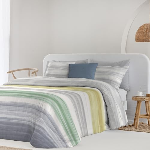 Fundeco - Edredón Cama 150 - Estampado Rayas - 250x270 cm - Color Gris - Reversible y Acolchado 300g/m² - Incluye 2 Fundas de Cojín Decorativo (Peter Gris)