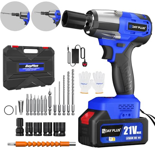 HSHa Cordless Impact Wrench, 1/2 Brushless Max Torque 550Nm, 2500RPM Power Impact Gun w/ 4.0Ah Battery, LED Light, 4 Sockets, 12 Drill Bits & Carry Case for Car Truck