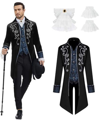 rumnigh Men’s Medieval Steampunk Tailcoat Jacket, Medieval Gothic Velvet Embroidery Tailcoat Jacket, Victorian Frock Uniform for Steampunk-Themed & Dancing Party, Halloween (Black, XXL)