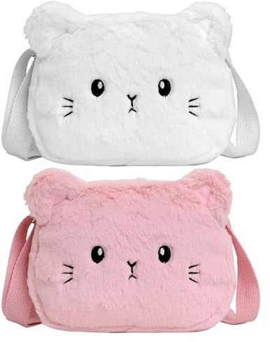 COACOM 2-stückige Katzen-Umhängetasche, Süße Plüsch-Umhängetasche, Mädchen, Verstellbarer Crossbody-Beutel, Leichte Umhängetasche