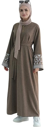 Zofocy Langärmelige Abaya-Robe mit Premium Bestickten Ärmeln & Taillengürtel – Muslimisches Festtagskleid mit Rückenreißverschluss für Gebete und Alltag