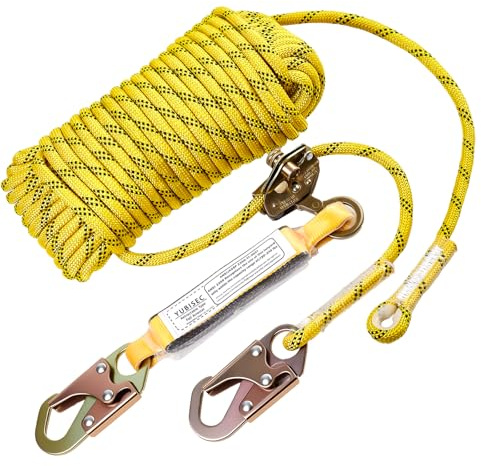Yubisec Rope Harness Safety Lanyard 25FT, Vertical Lifeline Assembly with Grab Snap Hooks Shock Absorber, Fall Protection Tree Climbing Lifeline Kit, Heavy Duty Roof Safety Equipment ANSI CE