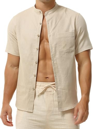 Men's Short Sleeve Linen Cotton Blend Shirt, Mandarin Collar,Beige,XL