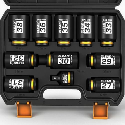 1/2'' Drive Deep Impact Socket Set: 11-Piece Metric Wheel Axle Nut Wrench Large Jumbo 27mm 29mm 30mm 31mm 32mm 33mm 34mm 35mm 36mm 38mm Car Spindle Joint High Torque Truck Bearing Locknut