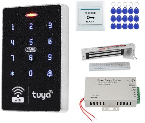 AccessShield Sistema de Control de Acceso con Teclado RFID Tuya IP68 Resistente al Agua + Fuente de alimentación + Interruptor + 15 llaveros de identificación de 13,56 MHz + Cerradura eléctrica