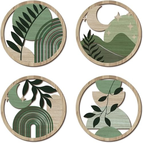 TOARTi 4 Stück Grün Boho Wanddeko Boho Wand deko Moderne Wanddeko Wohnzimmer 3D Runde Vintage Wanddekoration für Bauernhaus Flur Schlafzimmer Kinderzimmer Outdoor 29x29cm