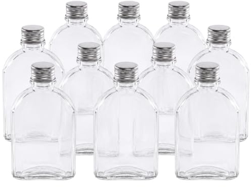 200ml Glass Bottles with Lids, Pack of 10, Airtight Screw Cap Hip Flask | Reusable Glass Bottle for Sloe Gin, Whisky, Liqueur, Vinegar, Sauces, Spell Jars - Ideal Homemade Gifts and Wedding Favours