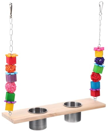 Toyvian Vogelspielzeug Papageien Schaukel mit Abnehmbarem Futternapf Holz Edelstahlständer Hängender Vogelspielplatz für Wellensittiche und Papageien Robust und Einfach zu Montieren