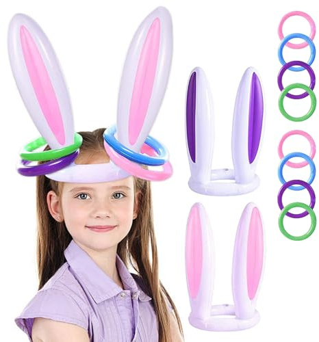 Juego inflable de lanzamiento de anillos de Pascua, 2 unidades de orejas de conejo inflables con 8 anillos, orejas de conejo de Pascua, juego de lanzamiento de anillos inflables, juego de lanzamiento