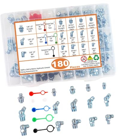 180Pcs Grease Fitting Set Assorted Lubricating Screw Nozzle Angled Nipple Bearing Lubrication Box Storage Fittings Metric