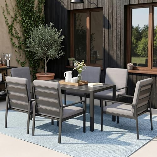 LANOX Gartenmöbel Set 6 Stühle mit Tisch – 7-teiliges Garten Essgruppe aus Metall & Aluminium, Gartentisch 140×80 cm, wetterfest, mit Kissen & WPC Tischplatte, Grau