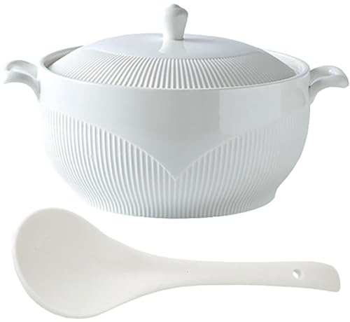 Pentola in ceramica e argilla, ciotola in porcellana con manico, per brodo di cottura, stufato di pasta, zuppiera bianca con coperchio, grande con cucchiaio, rotonda per la casa, adatta al microo