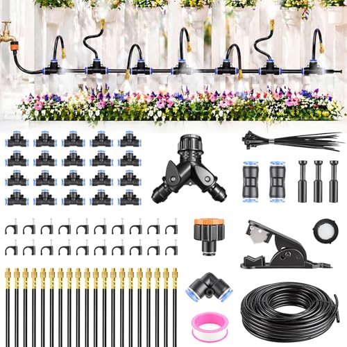 Bewässerungssystem Garten 20M, 360 ° Automatische Bewässerung Schlauch mit 20 verstellbaren Sprühdüsen, Garten Bewässerung Kit, Outdoor Nebelkühlsystem für Garten, Gewächshaus, Terrasse, Balkon
