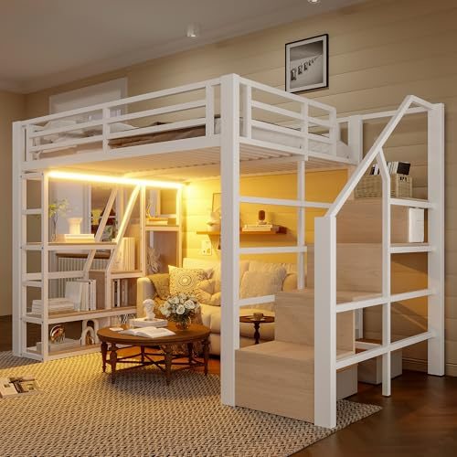 Yihomfy Lit Mezzanine 140 x 200cm, avec éclairage LED et échelle de Rangement, lit Mezzanine en Fer avec escalier et rambarde, Espace de Rangement Ouvert sous Le lit, sans Matelas (Blanc-9K)