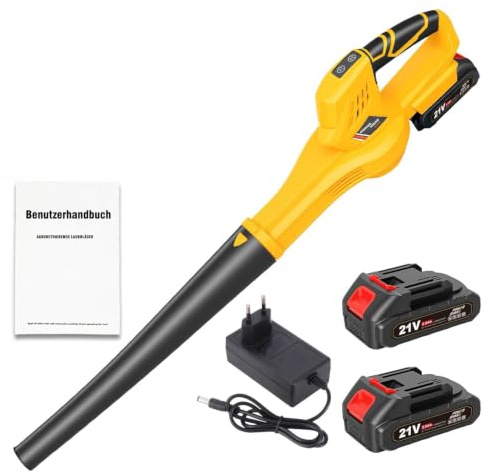 Growvid Akku-Laubbläser 21V, extrem Starkes Akku-Gebläse mit 6 Stufen | 2x 2,0 Ah Akku & Ladegerät, 40-60 Min. Laufzeit, 15.000 U/min, kabelloses Laubgebläse für Garten, Laub,Staub & Schnee