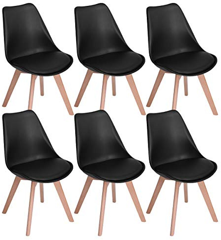 EGGREE Chaises Salle à Manger Scandinaves SGS Tested Lot de 6 Chaises de Cuisine, Rétro Rembourrée Chaise de Salle de Bureau, Pieds en Bois de Hêtre Massif, Noir