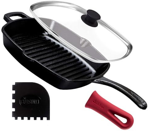 cuisinel Cast Iron Grill Pan + Glass Lid - 10.5-Inch / 26.67cm Pre-Seasoned Square Grilling Skillet + Silicone Handle Cover + Pan Scraper - Grill, Stovetop, Induction Safe - Indoor and Outdoor Use