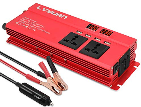 Cantonape Power Inverter 1000W/2000W (peak) DC 12V to AC 230V 240V Converter with 4 USB Interfaces 3 Universal sockets Cigarette Lighter Adapter in Car Crocodile Clip